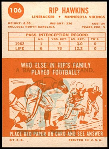 1963 TOPPS 106 Rip Hawkins Minnesota Vikings Vg / Ex Vikings Sjeverna Karolina