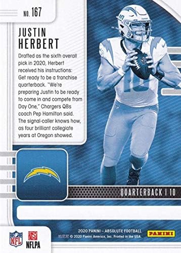 2020 Panini Apsolute # 167 Justin Herbert RC - Punjači Los Angeles NFL Fudbalska karta Nm-MT