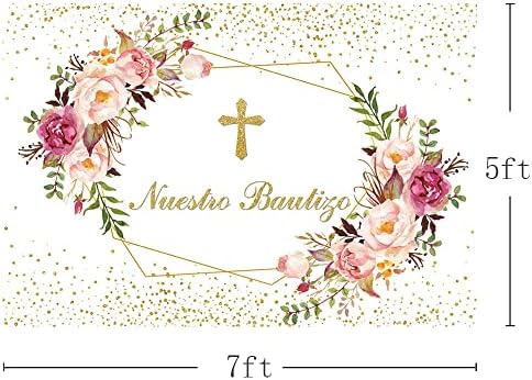 MEHOFOND 7X5FT Nuestro Bautizo pozadina za djevojku Bog blagoslovi krštenje Zlatna sjajna fotografija pozadina ružičasta cvjetna zelena