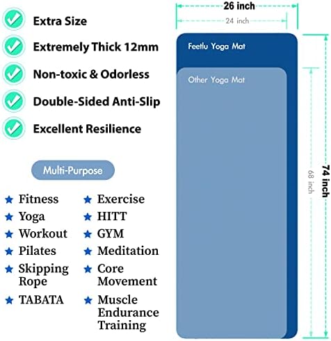 Feetlu izuzetno velika i Jastučasta prostirka za jogu sa remenom – prostirka za jogu debljine 10 mm & 12 mm, prostirka za trening