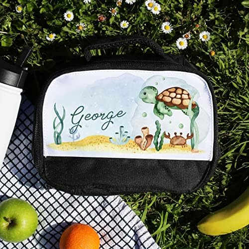 Hairyworm personalizovana torba, crno-bela izolovana torba za ručak prilagođena sa početnim / imenom/ tekstom, dizajn zelene morske kornjače, torba za večeru za toplu i hladnu hranu, veličina: