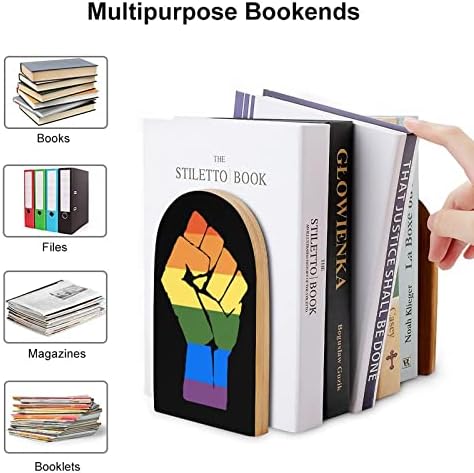 Gay Pride podigao Rainbow Fist slika Drvo Bookend dekorativni ne-Skid knjiga kraj 1 par 7x5 inč