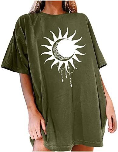 Prevelike majice za žene Crewneck Estetic Thirt Ležerne prilike ljetne kratkih rukava Labavi sunce i mjesec grafički teže
