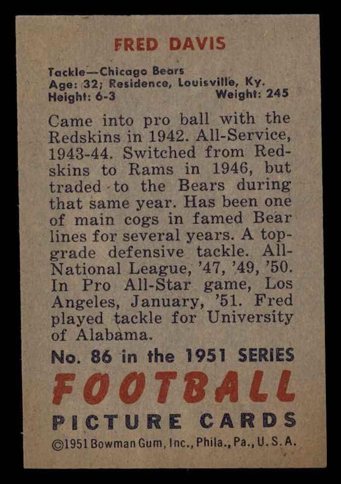1951 Bowman 86 Fred Davis Chicago Bears NM medvjed južne Kalifornije