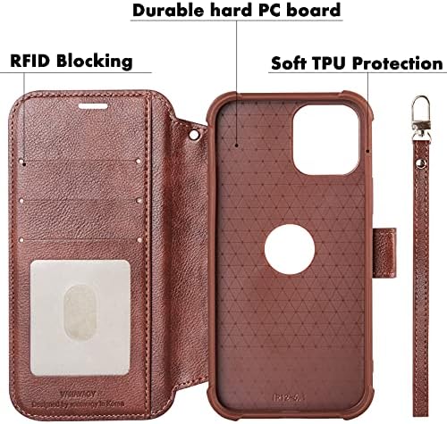VANAVAGY iPhone 13 torbica za novčanik Magsafe, kožna Flip Folio Navlaka za telefon podržava Magsafe i bežično punjenje sa držačem RFID blok kartice i narukvicom, Brown