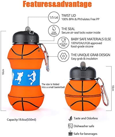 Košarkaška boca, iz 19oz srušena kugla za piće, košarkaški pokloni za dječake 8-12, prenosiva nepropusna dječja silikonska voda s