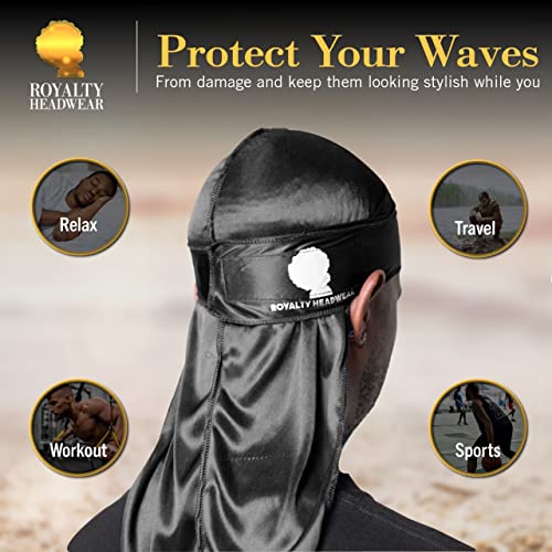 Royalty Headwear one Strap Silky Durag za muškarce-vrhunski kvalitet sa čičak zatvaračem Crni Durag za muškarce 360, 540, 720 Waves