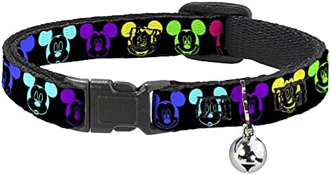 Kopča-Down Breakaway Cat Collar - Mickey Izrazi Crna/Multi Neon - 1/2 Wide - Uklapa 8-12 Vrat-Srednji