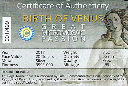 2017 od Great Micromosaic Passion Powercoin Rođenje Venece Botticelli 3 oz Silver Coin 20 $ Palau 2017 Dokaz
