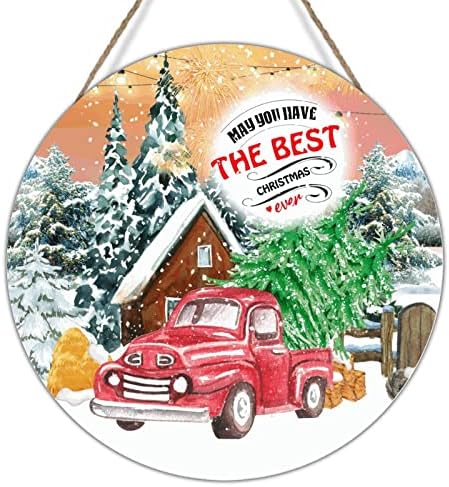 Božić sa prednjim vijekom vijenca Seoska kuća Crveni kamion Zimski zalazak sunca Zidni dekor snijeg Božićni drvsko zidno dekor potpisao
