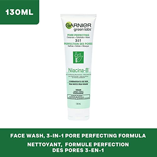 Garnier SkinActive Green Labs Canna-B Pore Perfecting 3-u-1 Maska za pranje lica sa Niacinamidom Vitamin B3 Cannabis sativa Sjemensko ulje za mješovitu i masnu kožu 4.4 Fl oz ,