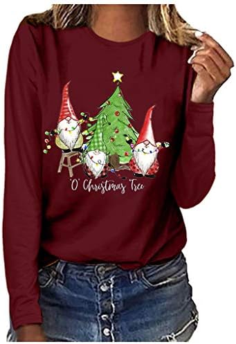Božićne majice s dugim rukavima za žene grafičke tiskane majice gnome xmas stablo uzorak casual pulover duksev vrhovi