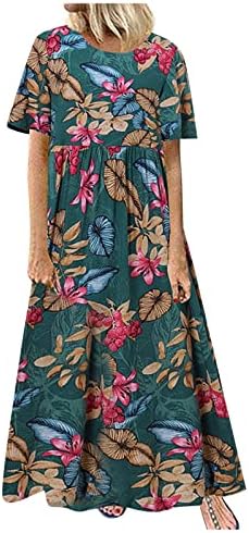 Haljina kratki rukav, žene plus veličine O-izrez cvjetni print Vintage kratki rukav Dugi maxi haljina