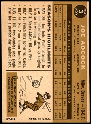 1960. topps 3 Joe Adcock Milwaukee Braves ex / mt Hrabres