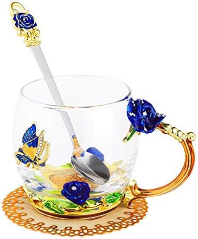 WD& CD Rose Butterfly Glass čaj šoljice za kafu šolje sa kašikom i podmetačem, pokloni za njenu devojku ženu mamu žene na Dan zaljubljenih