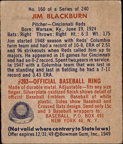 1949 Bowman 160 Jim Blackburn Cincinnati Reds VG / Ex Reds