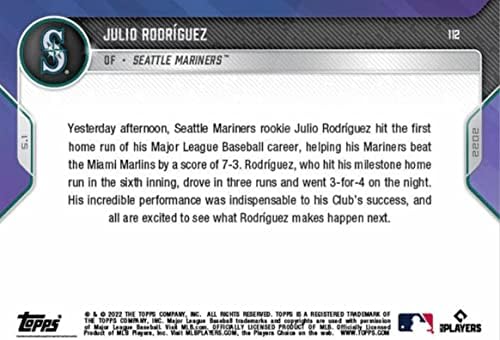 2022 TOPPS sada Julio Rodriguez - 1. karijera MLB Homer je 450 stopa, 3-Run eksplozija - Seattle Mariners Baseball Rookie RC kartica