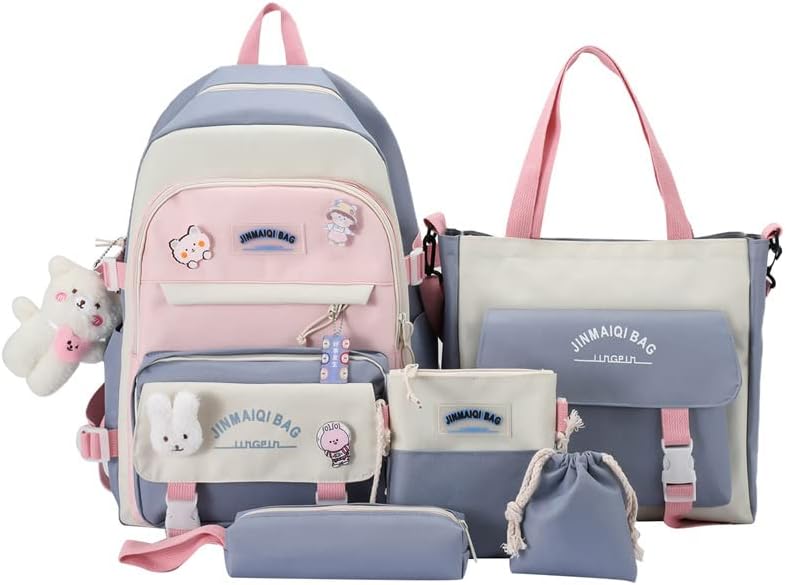 Donloise 5pcs kawaii ruksak s estetskim priključcima za pošti, slatka laptop ita vrećica za povratak u školske stacionarne potrepštine