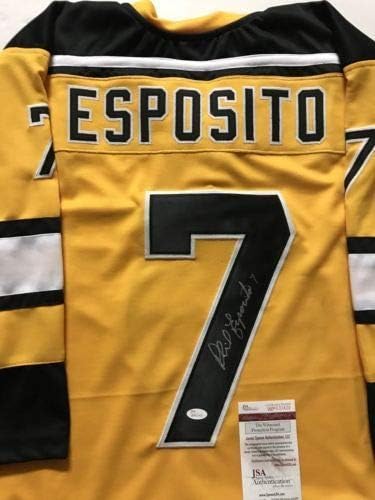 Autographing / potpisao Phil Esposito Boston Yellow Hockey Jersey JSA COA