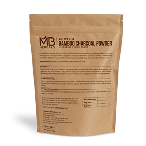 MB Herbals aktivni ugalj u prahu 100 Gram / 3.5 oz / prehrambeni bambus drveni prah / dubinsko čišćenje & amp | Detoksificira kožu & amp; kosu | sastojak za čačkalicu