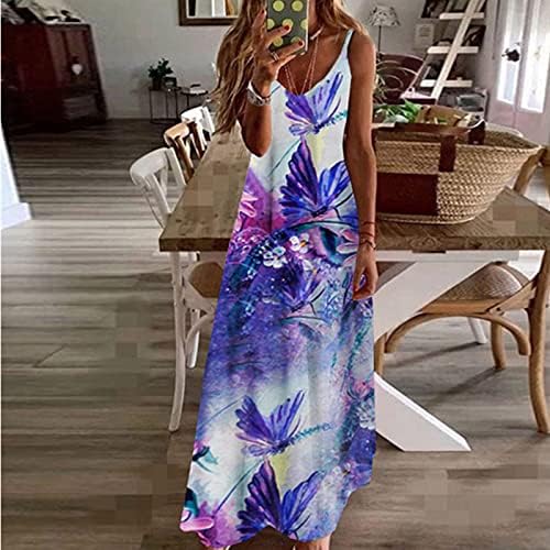 Ženska ljetna duga haljina leptir Print špageti traka V izrez Ležerna duboka ljetna Maxi haljina bez rukava na Havajima