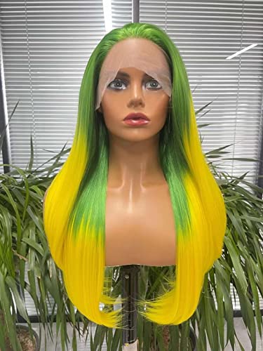 Wiginway Ombre zelena žuta sintetička čipka prednja perika, duga ravna perika, 13x3 čipkaste frontalne perike za žene, Cosplay Party, 28 inča