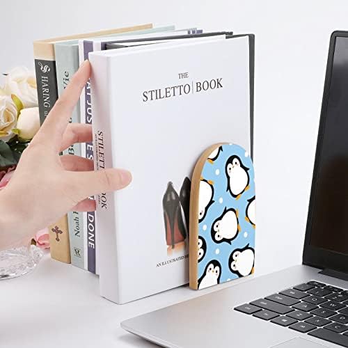 Oyihfvs bešavni crtani Pingvinski ptice na plavoj boji 2 kom drveni krajevi knjiga, držač police za knjige Neklizajući drveni držači