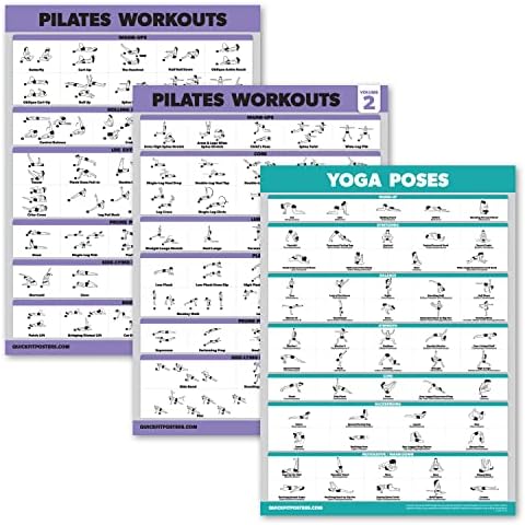 3 Pack-posteri za Pilates trening Volumen 1 & amp; 2 + poze za jogu - radne vježbe za Pilates prostirku - Set grafikona fitnesa