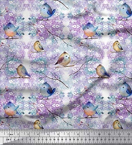 Soimoi Cotton Jersey fabric Branch & Bird Artistic Print Fabric by the Yard 58 inch Wide
