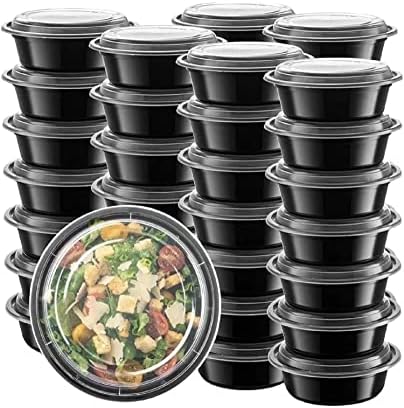VeZee 32 oz. Crne okrugle plastične posude za pripremu obroka sa prozirnim kupolastim poklopcima / Bento kutija, bez BPA, može se