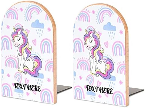 Prilagođeni akvarel Rainbow Unicorn drveni krajevi knjiga za police personalizirani držači za knjige s vašim Foto slikom tekst Logo